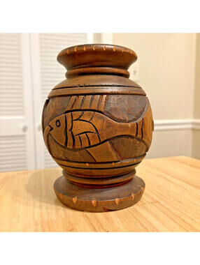Vintage Hand Carved Wood Vase Fish Indonesian Bali Style Boho Artisan Rustic